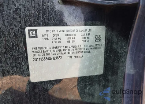 2016 Chevrolet Impala 2Lt z USA, uszkodzony, nr VIN 2G1115S34G9124562